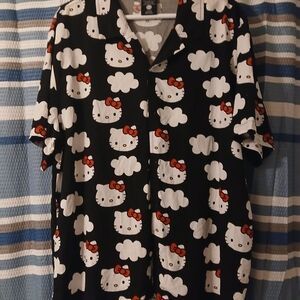 Hello Kitty Black Short-Sleeve Button-Down Shirt with White Faces and Red Bows